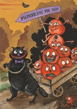 ACEO PRINT OF PAINTING HALLOWEEN RYTA BLACK CAT PUMPKIN FOLK ART Farm Pagan 🍁