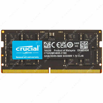 Crucial 32GB DDR5 5600 MHz PC5-44800 2Rx8 SODIMM Laptop Memory RAM