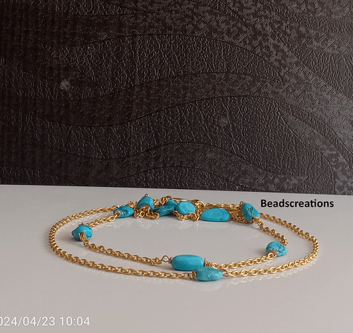 Duble Strand Turquoise Oval Beads Gold Chain Necklace Gift for Her - Picture 3 of 3