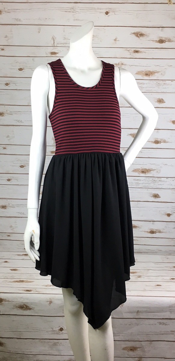 Rue 21 Tank Top Dress Womans M Black w/ Burgundy Stripe High Low Hem Back Zip Rue 21 Tank Top Dress Womans M Black w/ Burgundy Stripe High Low Hem Back Zip