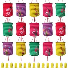 15Pack Chinese Japanese Hanging Paper Lanterns with LED Lights, Colorful Asian F