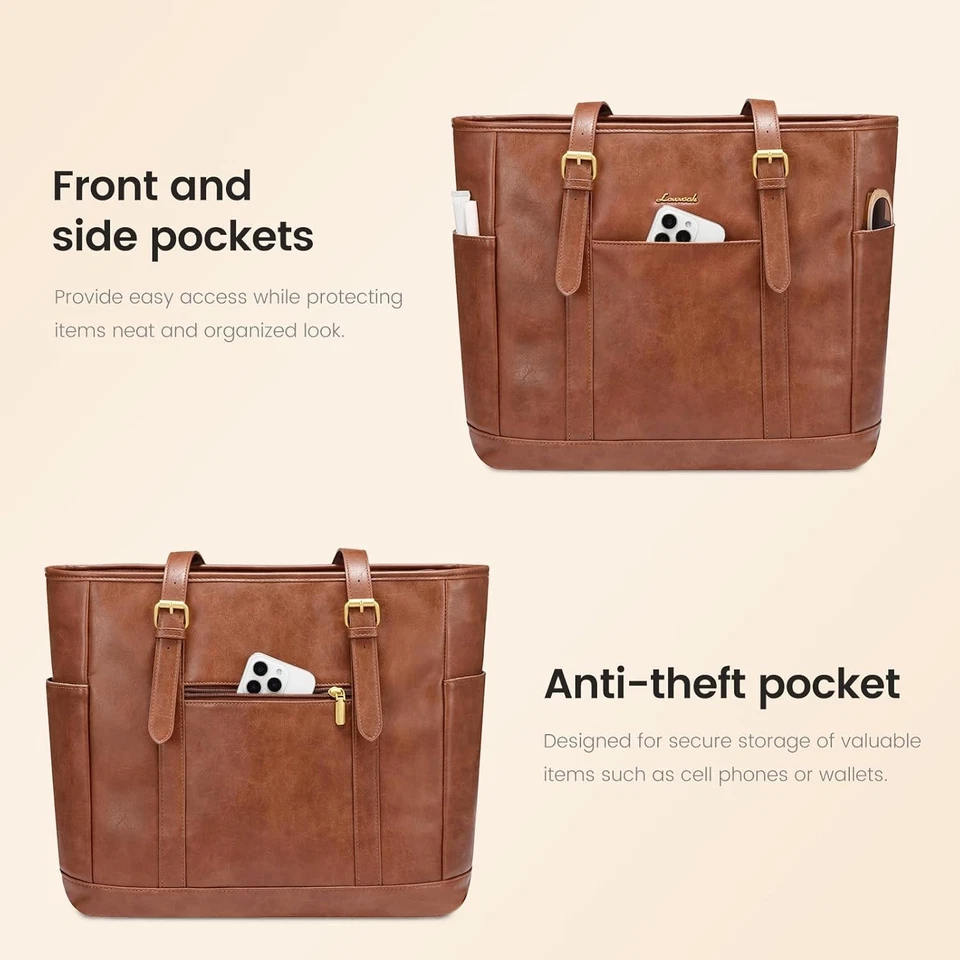 LOVEVOOK Laptop Tote Bag for Women,Vintage Leather 17.3 inch, Retro Brown  - Image 4 of 4