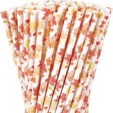 200Pcs Fall Thanksgiving Paper Straws Maple Leaf Disposable Straws Orange Yellow