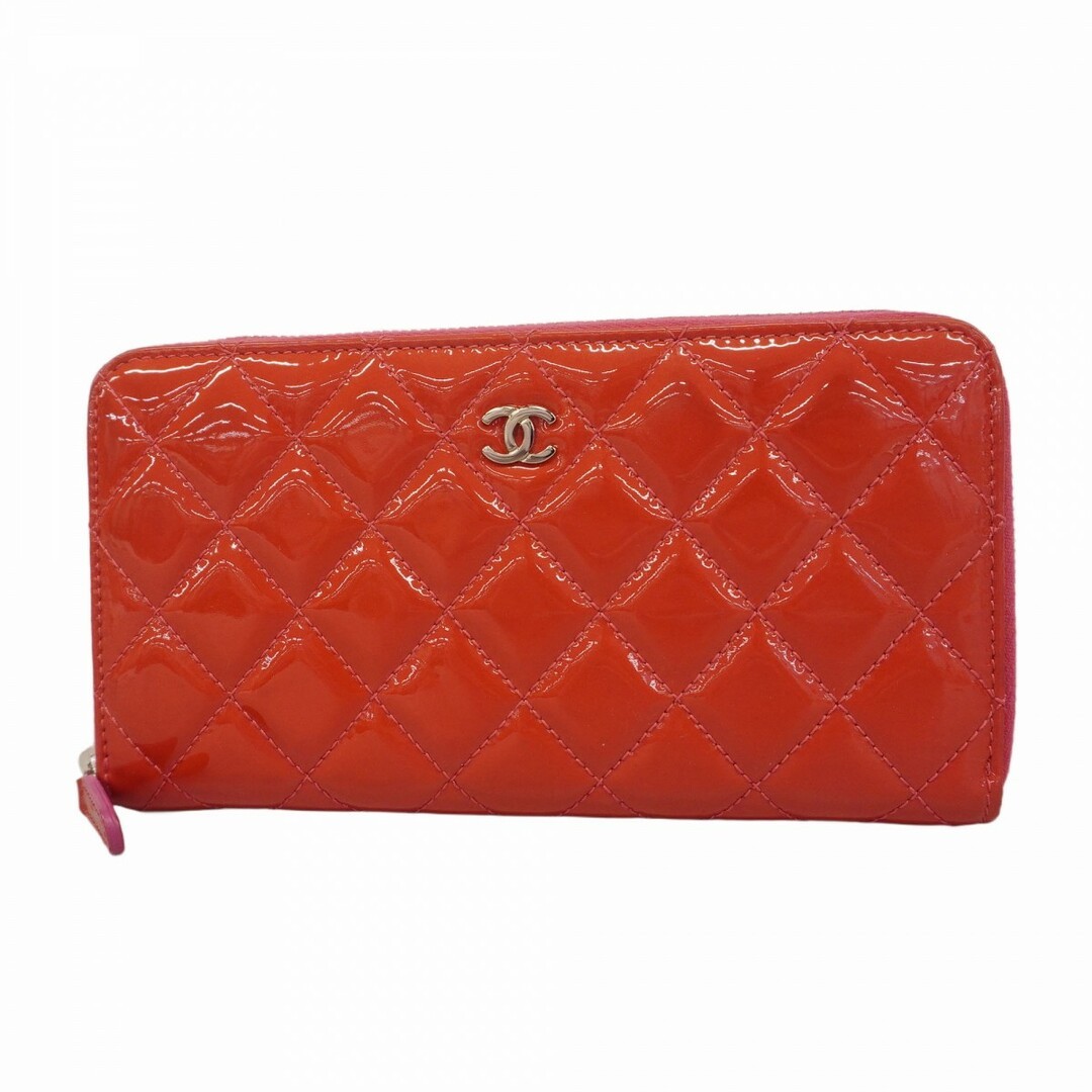 5Hb0511-H Chanel Long Wallet Matelasse Patent Leather Pink Silver Metal Fitting
