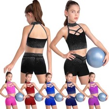 Kids Girls Set Gymnastics Outfit Training Suit Sports Sleeveless With Shorts