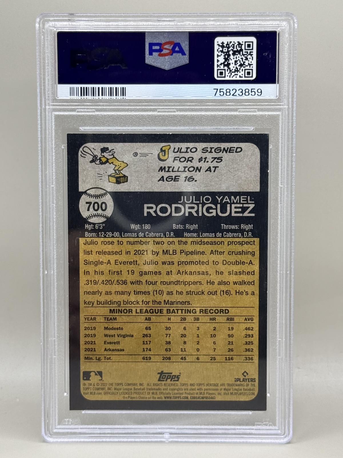 2022 Topps Heritage Rookie Card Julio Rodriguez RC #700 PSA 10 GEM MINT view 2