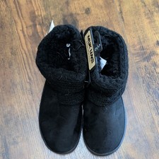Muk Luks Women's Black Bootie Slippers 5/6 Suede Faux Fur Lined Pull On