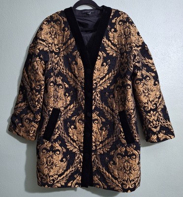 Endless Rose Baroque Brocade Coat Jacket Black & Gold Velvet Trim Size Large