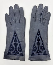 Vintage Navy Blue Leather Driving Gloves Lace Cut Outs