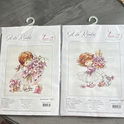 Luca-S Girl with Bouquet & Kitten Cake Cross Stitch Kit with Thread, Fabric