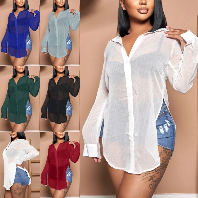 Ladies Shirts See Through Blouse Women Loose Work Chiffon Tunic