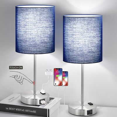 Set of 2 Touch Control Dimmable Table Lamps with USB & AC Outlets Modern Design
