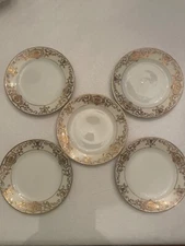 Set of 5 Antique Noritake CHRISTMAS BALL White Gold Guild Salad Plates 7" 16034