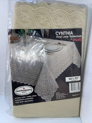 #ad #ad Vintage Vytex Ex cell Vinyl Lace Tablecloth Ivory 52 X 70quot; Oblong Floral New $15.29