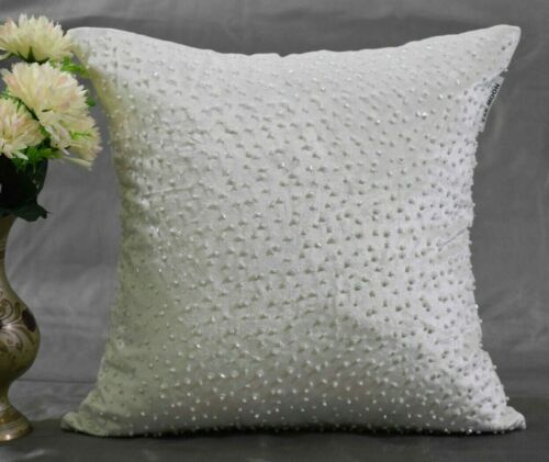 White Beaded Pillow Embroidery Velvet Sequince Handmade Personalised Cushion  - Picture 1 of 7