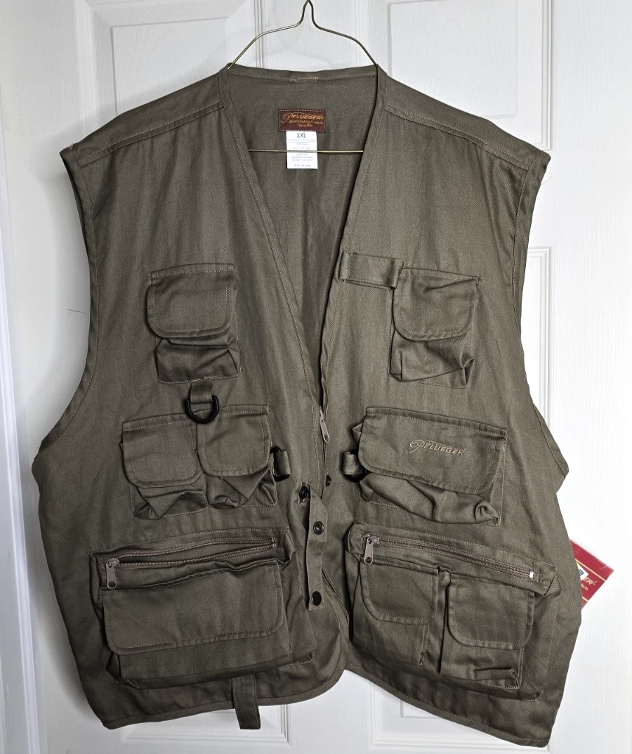 Vintage PFLUEGER Fly Fishing Outdoor Vest Brown Size XXL 2XL Pockets Zip