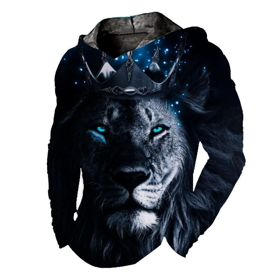 Men Hoodie Blue Lion King Crown Hooded T Shirt LightWeight Sport Soft Camisa Tee