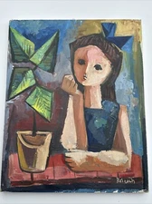 MID CENTURY PAINTING CUBISM MODERNISM PORTRAIT SIGNED REIXACH EXPRESSIONISM GIRL
