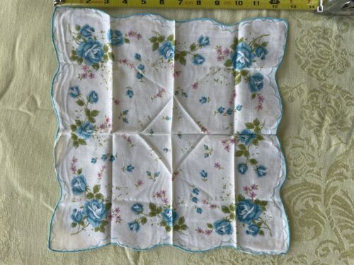Vintage Handkerchief Hankie Blue Rose / Floral Scalloped Edge 12 in - Picture 1 of 2