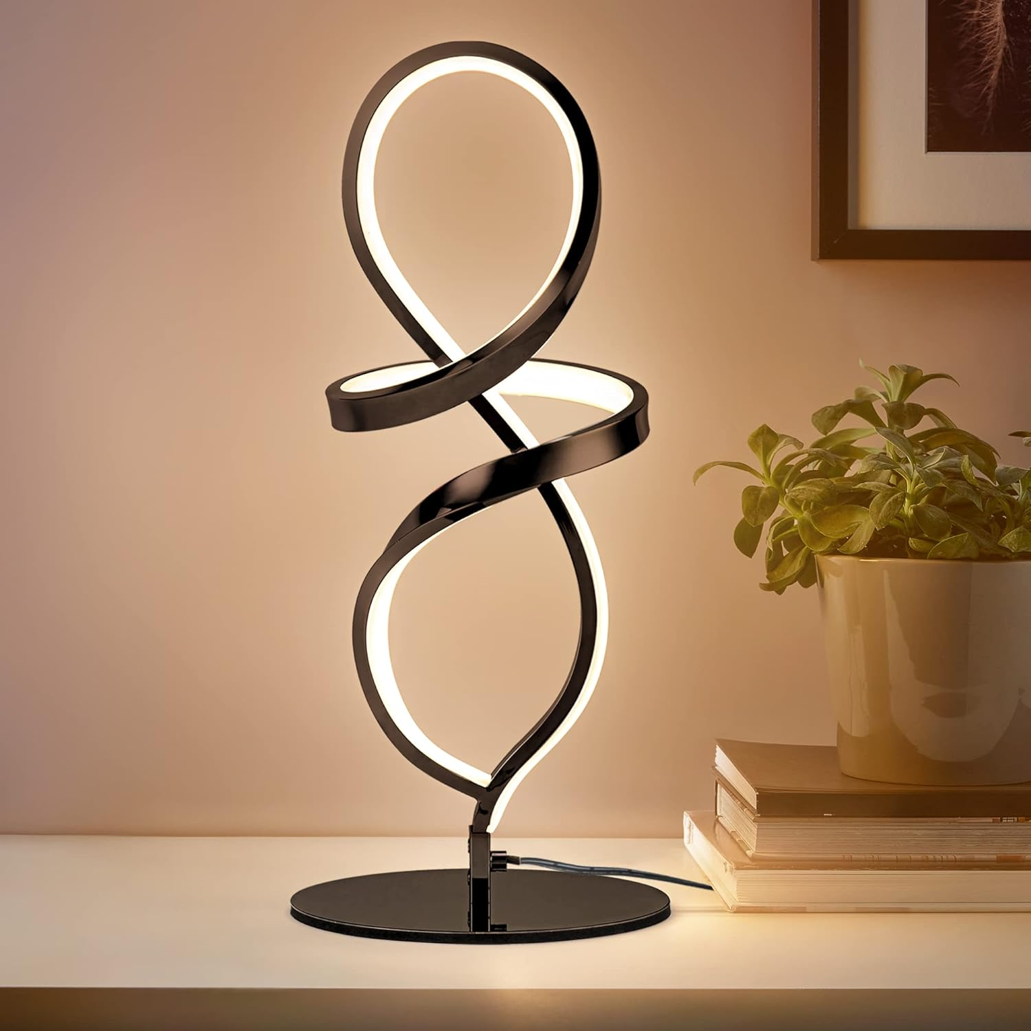 Modern Table Lamp, LED Spiral Lamp, Black Bedside Lamp with Stepless Dimming Swi