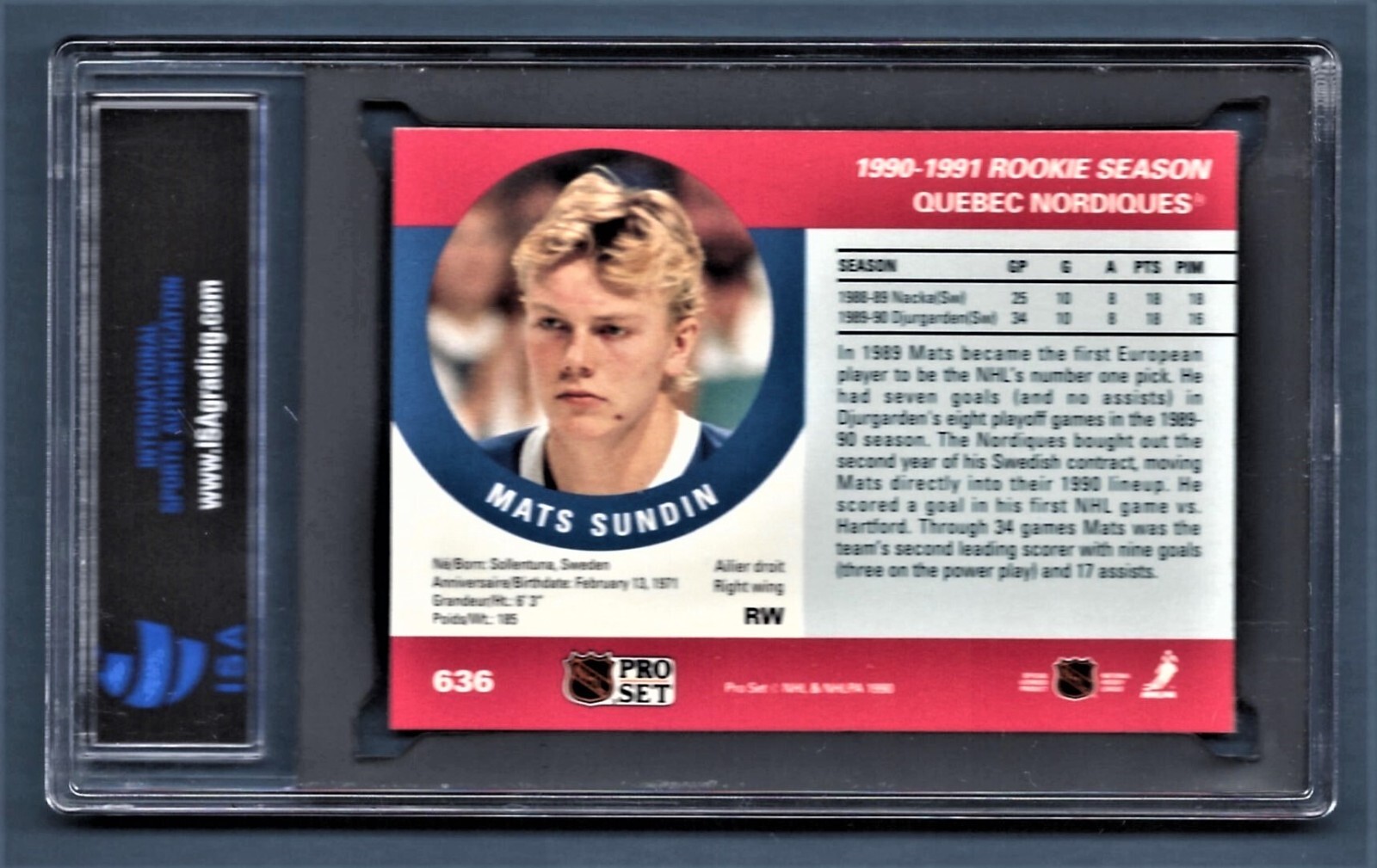 1990 Pro Set Mats Sundin Nordiques 636 Rookie ISA 10 52755086 (HOF