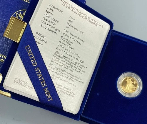1989 P US Mint 1/10th ozt Proof Gold $5 Eagle Coin w/ogp L24077