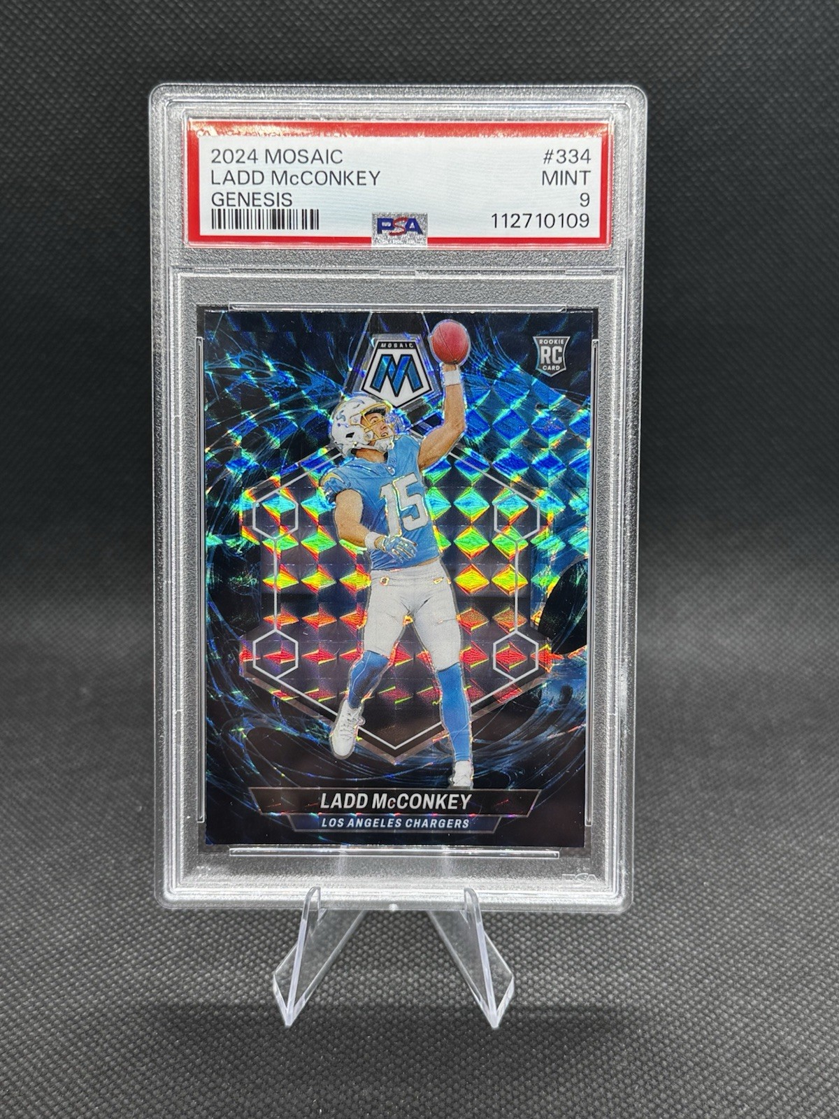 2024 Panini Mosaic - Rookies Ladd McConkey #334 Genesis Mosaic Prizm (RC) PSA 9
