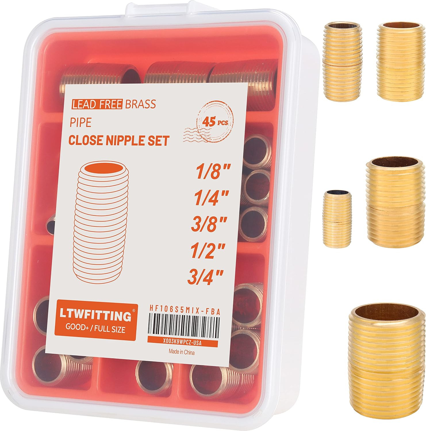 Brass Close Nipple Kit 1/8, 1/4, 3/8, 1/2, 3/4-Inch MPT (45Pcs)