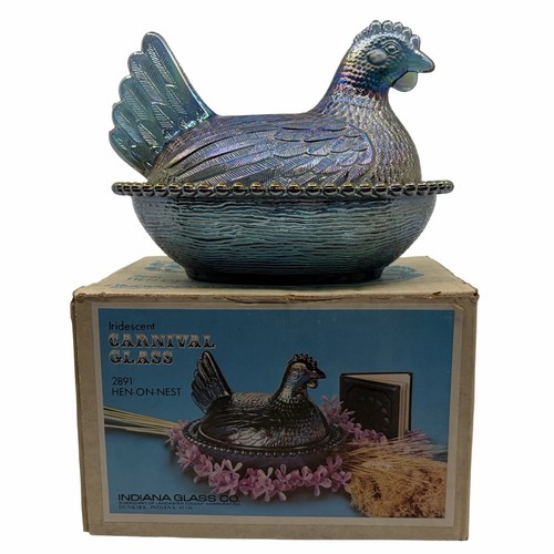 Indiana Glass Iridescent Teal Blue Carnival Hen-On-Nest W/ Box 2891 Vintage