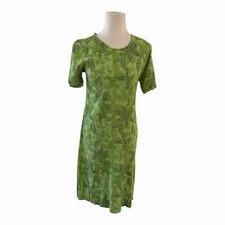 Vintage 90s La Cera Green Floral Crinkle Rayon Dress M Side Button Vent Slit