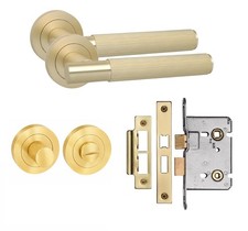 Linear Design Door Handles T-Bar Satin Brass 1 to 6 Pair Bath Lock Set
