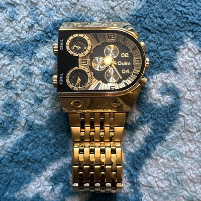 Oulm Men's Gold Metal Multi-Time Zone Quartz Wristwatch Black Gold Dial