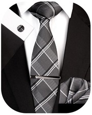 Plaid Mens Tie Silk Necktie and Pocket Square Cufflink Tie Clip Set Silver Gr...