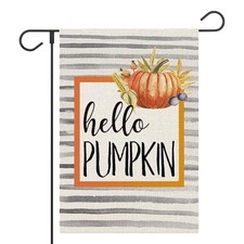 Fall Hello Pumpkin Garden Flag Watercolor Stripes Thanksgiving 12x 18 inch