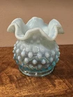 Fenton Blue Opalescent Hobnail Glass Vase with Ruffled Edge 3 Inches Vintage