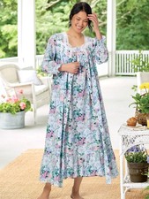 Eileen West Nightgown Robe M Floral Lace Trim Cotton Long Button Front Cottage