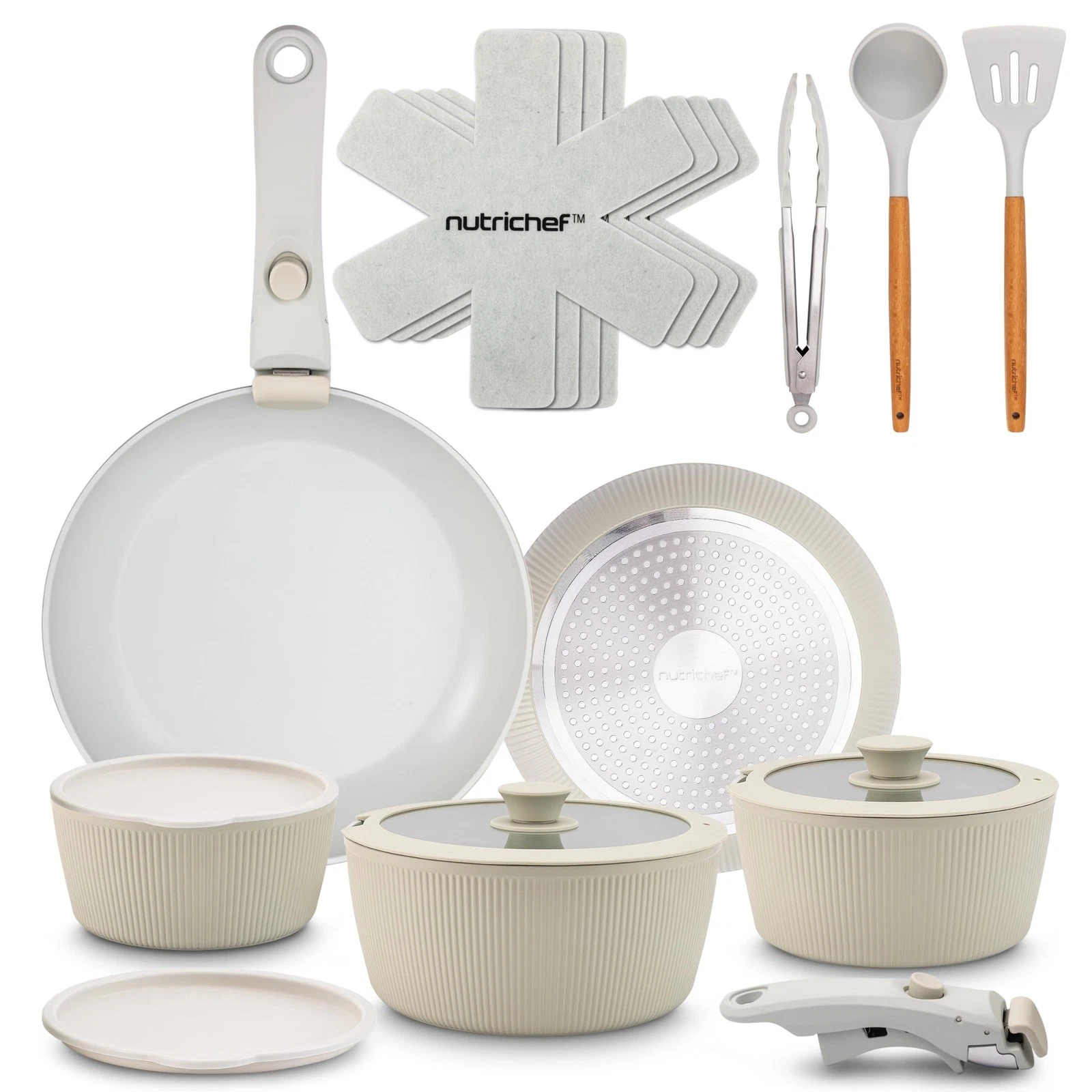 NutriChef 18-Piece Ceramic Cookware Set with Detachable Handles, Non Stick P...