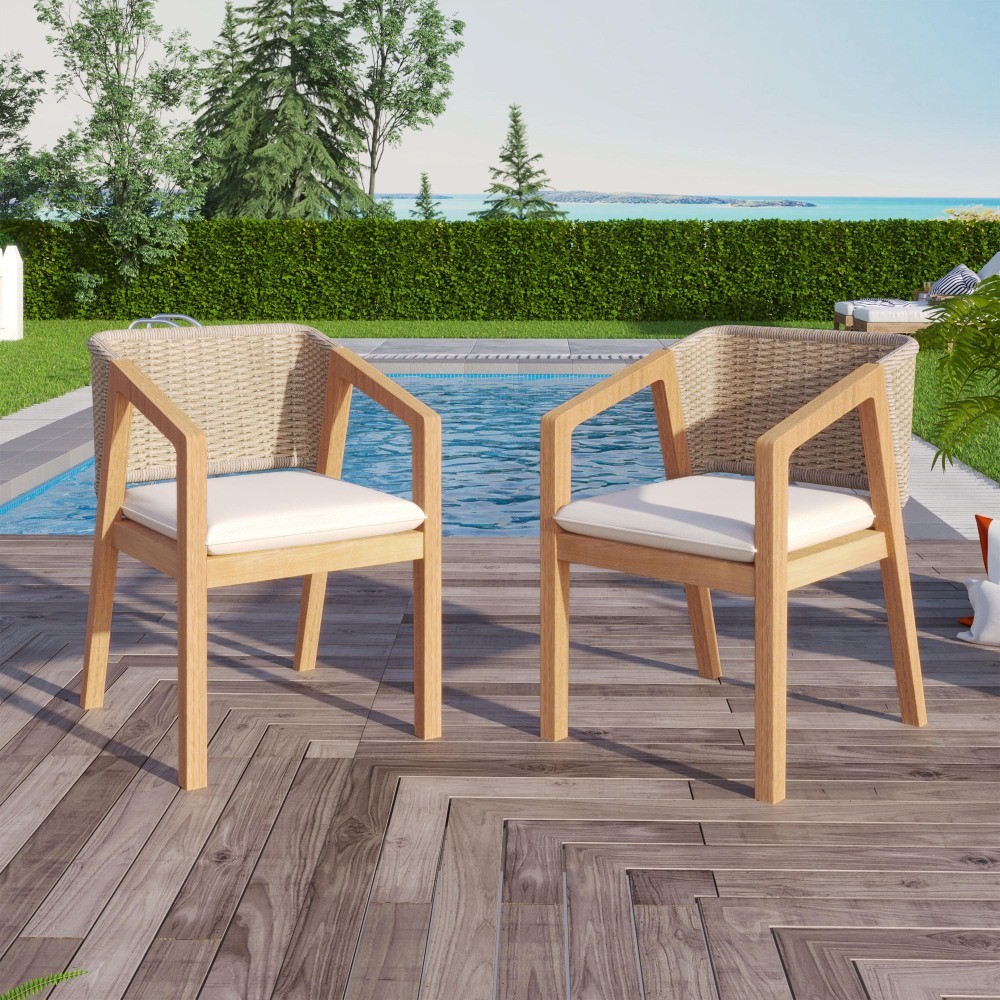 Set Of 2 - Light Teak Acacia Wood, Patio Style With Rope Backrest