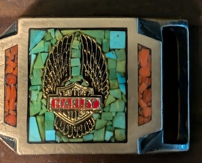 Vtg 1970's Tech ether Guild Solid Brass, Turquoise and Coral Harley Belt Buckle