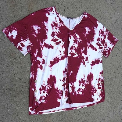 SHEIN Curve Plus Size 4XL Maroon Tie Dye Oversized V Neck Top Side Button Tee