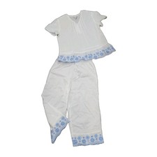Women's Cotton Embroidered 2 Piece Pajama Set Sz Med. White w Blue Flowers Cute 