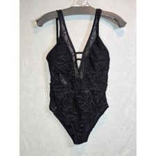 Black Lace Plunging V-Neck One Piece Swimsuit Mesh Strappy Back Small