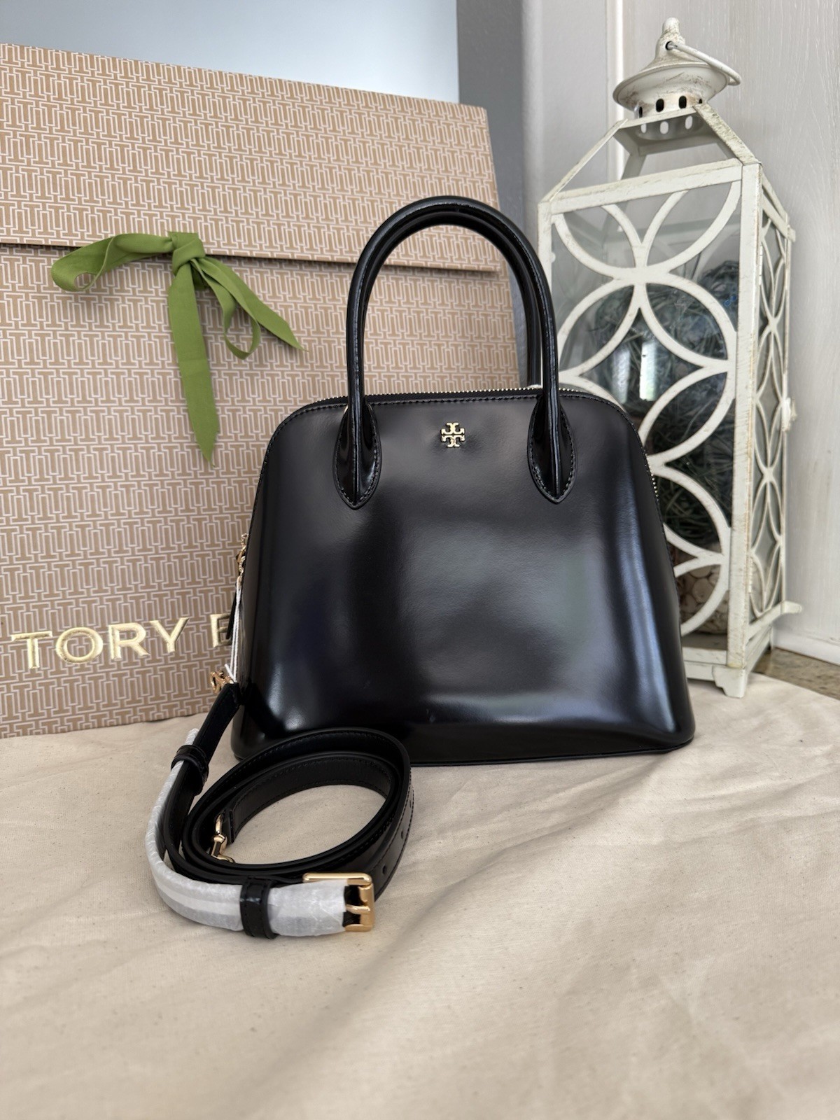 New Tory Burch EMERSON PATENT LARGE DOME SATCHEL BLACK /