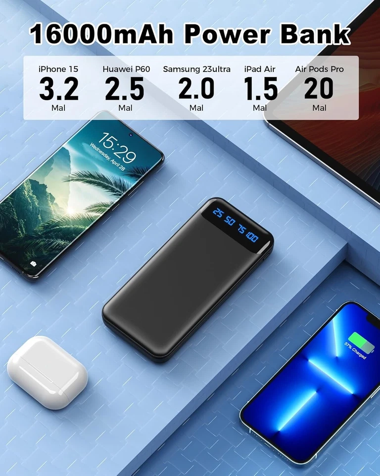 2x Powerbank 16000mAh Power Bank Set mit USB C Extern Akku Ladegerät Handy B316 - Bild 3 von 4