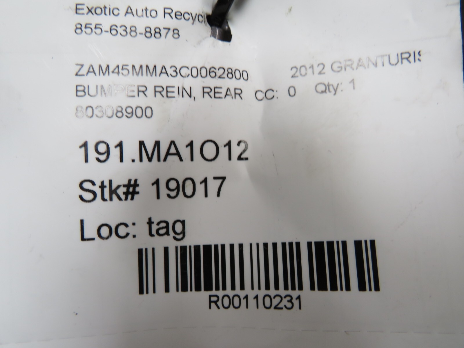 Maserati Granturismo, Rear Bumper Reinforcement, Used, P/N 80308900