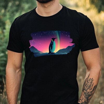Mens Northern Lights Print Cotton Penguin T-Shirt Size XS to 5XL