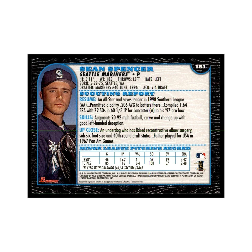 1999 Bowman Sean Spencer Baseball Cards #151 - Image 2 of 3
