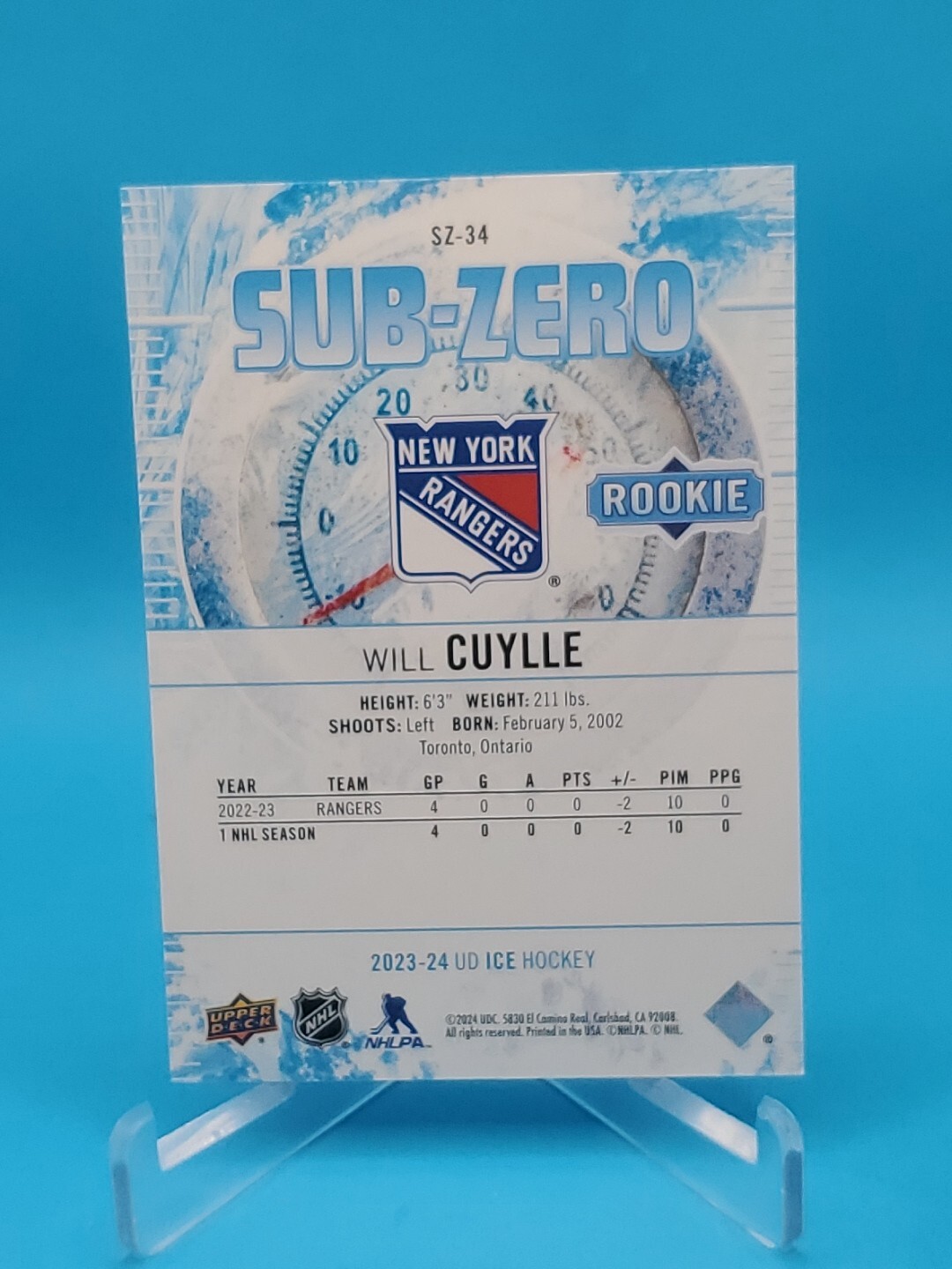 Will Cuylle 2023-24 Upper Deck Ice #SZ-34 Rookie Sub-Zero 508/799 - Rangers 