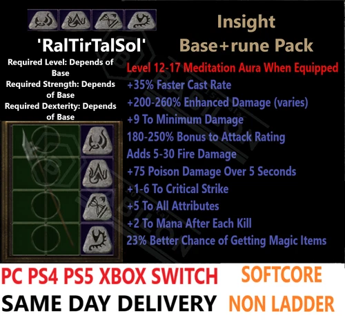 ✅PC PS4 PS5 XBOX SWITCH✅ Insight Base+Rune Pack d2r Diablo 2 Resurrected items
