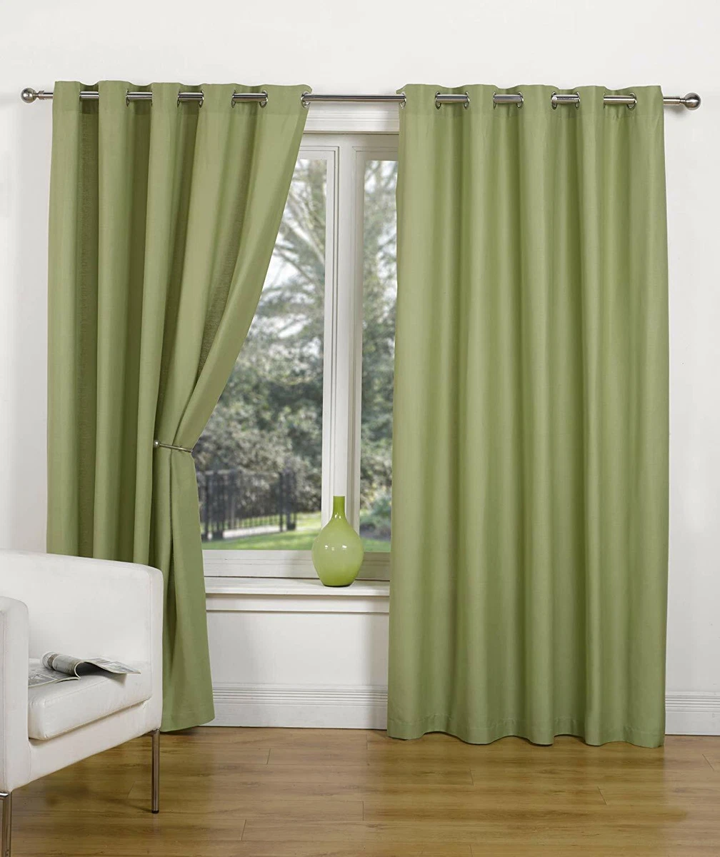 CANVAS GREEN CURTAINS EYELET RING TOP UNLINED PLAIN LINEN LOOK OLIVE MINT MOSS